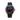 Wristwatch with black strap, red and blue bezel, and black dial on a white background